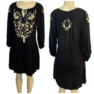 Ane Mone Black Embroidery Floral Tunic Boho Dress Size Medium Front Tie …